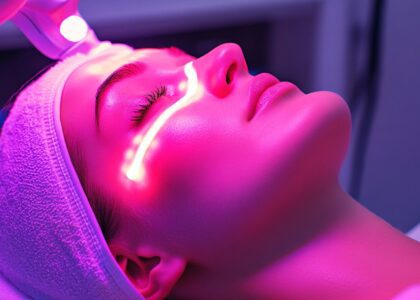 Woman using LED light therapy for skincare