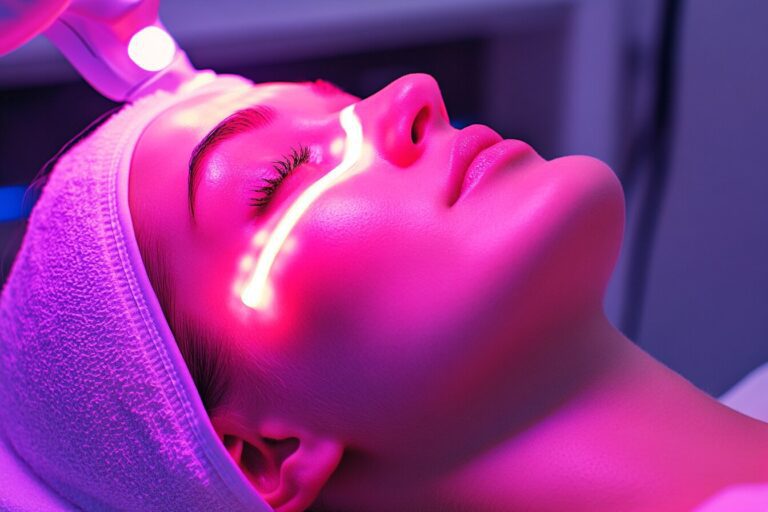 Woman using LED light therapy for skincare