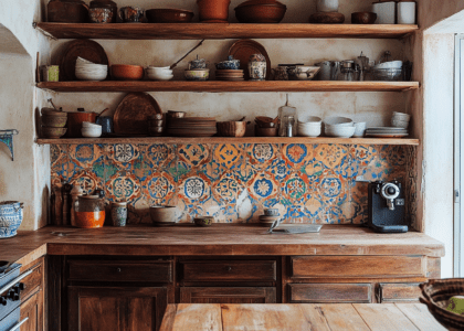 Antique wooden kitchen with open shelving, warm earthy tones, rustic terracotta tiles, and a colorful Indian patterned back wall, showcasing a small, vintage wabi-sabi, boho, and rustic-chic modern design.