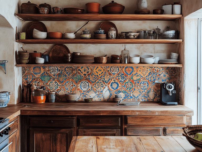 Antique wooden kitchen with open shelving, warm earthy tones, rustic terracotta tiles, and a colorful Indian patterned back wall, showcasing a small, vintage wabi-sabi, boho, and rustic-chic modern design.