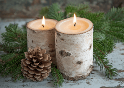 A pair of birch candles glowing softly on a rustic table, surrounded by pine cones and greenery, showcasing natural lighting that enhances their texture and delicate flame.