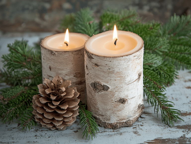 A pair of birch candles glowing softly on a rustic table, surrounded by pine cones and greenery, showcasing natural lighting that enhances their texture and delicate flame.