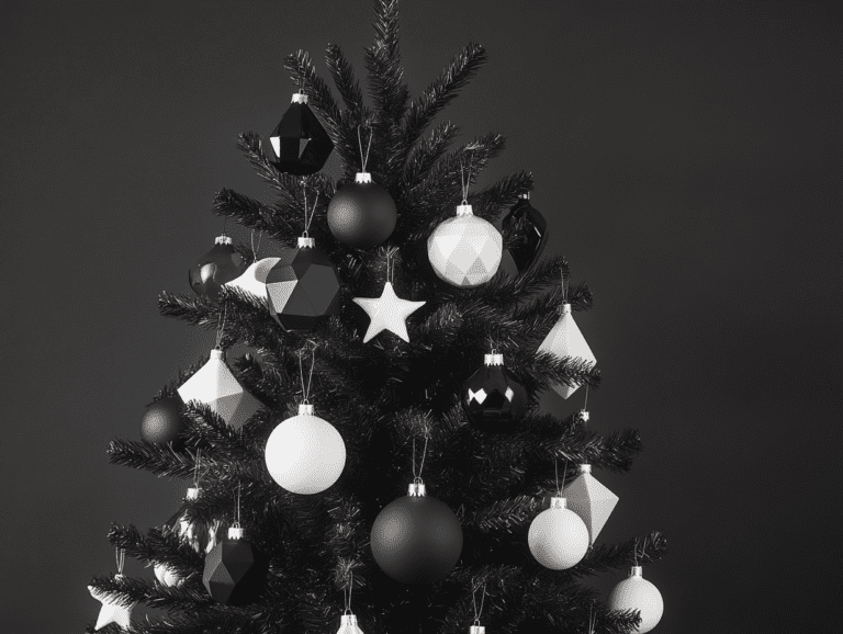 Aesthetic black Christmas tree adorned with white and black geometric ornaments, creating a modern holiday decor theme.