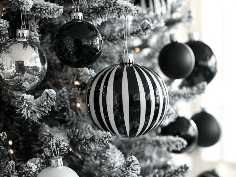 Elegant black and white striped Christmas tree ornaments with silver wire, featuring contrasting black glass baubles for a sophisticated winter wonderland theme.