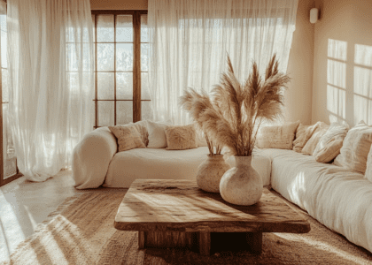 Boho-inspired living room featuring a white sofa, wooden coffee table, pampas grass in vases, large windows with sheer curtains, and a cozy rug, illuminated by soft sunlight for a rustic aesthetic with neutral tones and natural textures.