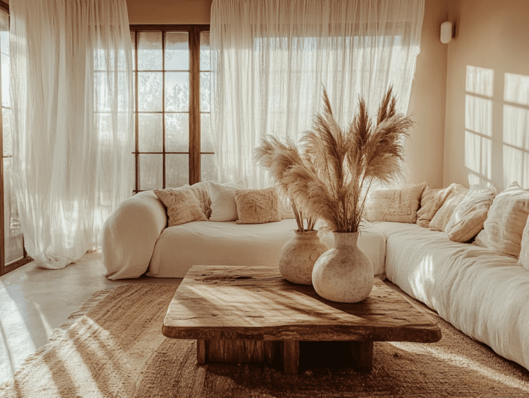 Boho-inspired living room featuring a white sofa, wooden coffee table, pampas grass in vases, large windows with sheer curtains, and a cozy rug, illuminated by soft sunlight for a rustic aesthetic with neutral tones and natural textures.