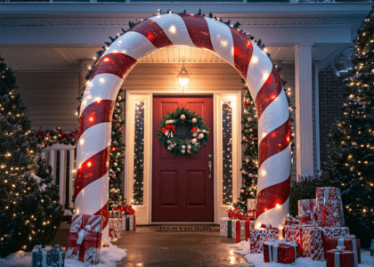 Candy cane archway decorating the front door of a beautifully lit Christmas house, surrounded by wreaths, garlands, green trees, and festive presents on the ground, captured in 8K resolution with a Canon EOS R5 camera.