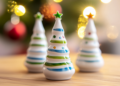 Ceramic Christmas tree ornament with colorful decoration, featuring white ceramic material and green and blue striped star trunk, displayed on a wooden tabletop with bright lighting, creating a festive atmosphere.