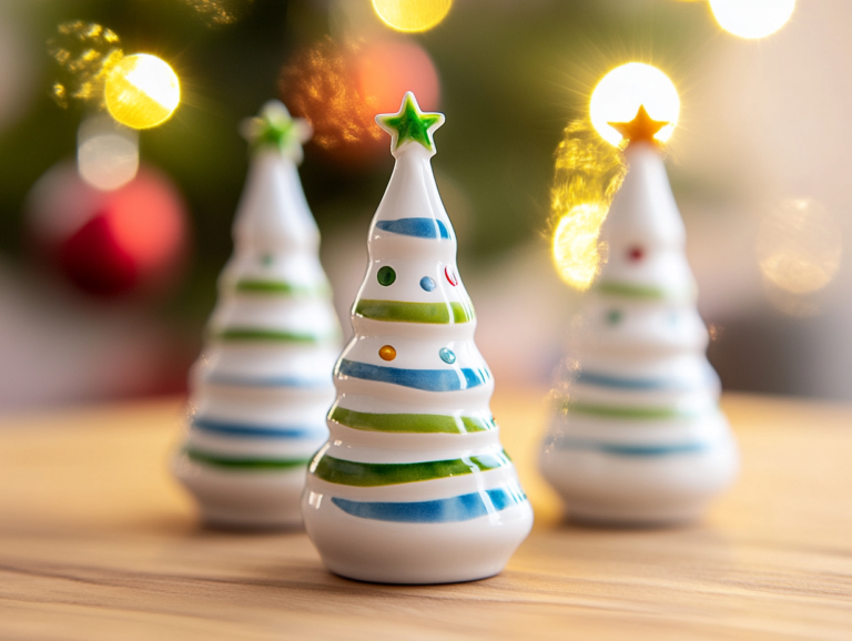 Ceramic Christmas tree ornament with colorful decoration, featuring white ceramic material and green and blue striped star trunk, displayed on a wooden tabletop with bright lighting, creating a festive atmosphere.