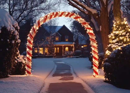 Christmas-themed candy cane archway with lights at the entrance of a snow-covered outdoor garden, featuring a large walkway and surrounding snowy trees, creating a festive holiday atmosphere.