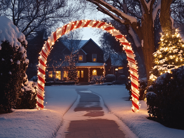 Christmas-themed candy cane archway with lights at the entrance of a snow-covered outdoor garden, featuring a large walkway and surrounding snowy trees, creating a festive holiday atmosphere.