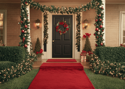 Christmas-decorated front door with garlands and lights, red carpet, green hedges, and a festive front porch featuring red, black, white, silver, and gold decorations against a light brown brick wall.