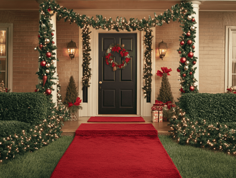 Christmas-decorated front door with garlands and lights, red carpet, green hedges, and a festive front porch featuring red, black, white, silver, and gold decorations against a light brown brick wall.