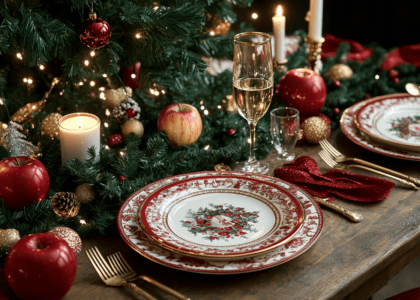 Beautifully decorated Christmas table featuring red and white plates, gold cutlery, candles, and festive decorations, with a wine glass filled with champagne and a water glass, surrounded by scattered red apples and green garlands, all under a twinkling Christmas tree.