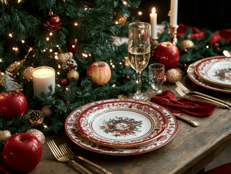 Beautifully decorated Christmas table featuring red and white plates, gold cutlery, candles, and festive decorations, with a wine glass filled with champagne and a water glass, surrounded by scattered red apples and green garlands, all under a twinkling Christmas tree.