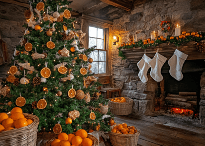 A beautifully decorated Christmas tree featuring dried orange slices and wooden ornaments, surrounded by baskets of oranges, next to a cozy fireplace adorned with white stockings in an old stone house, captured in high-resolution natural light with a Canon EOS R5.