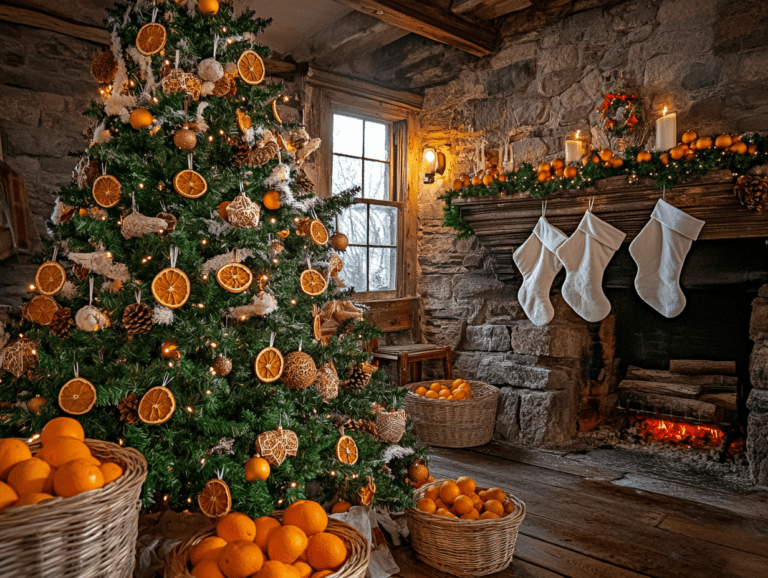 A beautifully decorated Christmas tree featuring dried orange slices and wooden ornaments, surrounded by baskets of oranges, next to a cozy fireplace adorned with white stockings in an old stone house, captured in high-resolution natural light with a Canon EOS R5.