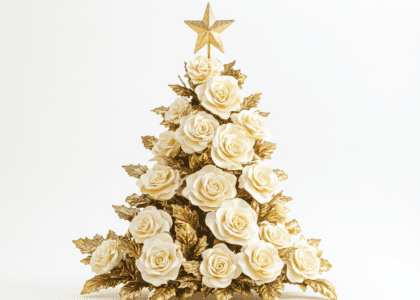 Handmade Christmas tree crafted from white and gold roses with golden leaves, topped with a star, surrounded by flowers, in light yellow and beige tones, set against a white background; high-definition photography showcasing bright colors and clear details, embodying elegant festive charm and floral beauty in a fashion illustration style.