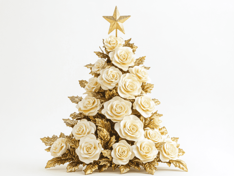 Handmade Christmas tree crafted from white and gold roses with golden leaves, topped with a star, surrounded by flowers, in light yellow and beige tones, set against a white background; high-definition photography showcasing bright colors and clear details, embodying elegant festive charm and floral beauty in a fashion illustration style.