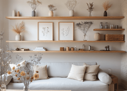 Cozy living room with beige walls, gray sofa adorned with pastel pillows and throw blankets, wooden shelves featuring framed art, a coffee table with vases of wildflowers, warm lighting, natural textures, minimalistic design, and a boho aesthetic, creating a serene and inviting atmosphere.