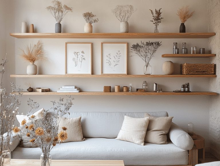 Cozy living room with beige walls, gray sofa adorned with pastel pillows and throw blankets, wooden shelves featuring framed art, a coffee table with vases of wildflowers, warm lighting, natural textures, minimalistic design, and a boho aesthetic, creating a serene and inviting atmosphere.