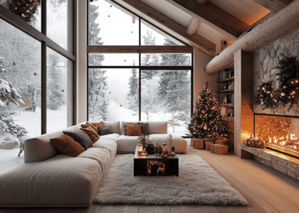 Cozy cabin interior decorated for Christmas with warm lighting, festive decorations, and large windows overlooking snowy landscapes, showcasing a light color palette of white and brown tones, embodying a villagecore aesthetic perfect for holiday memories in nature.