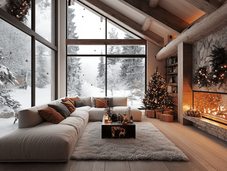 Cozy cabin interior decorated for Christmas with warm lighting, festive decorations, and large windows overlooking snowy landscapes, showcasing a light color palette of white and brown tones, embodying a villagecore aesthetic perfect for holiday memories in nature.