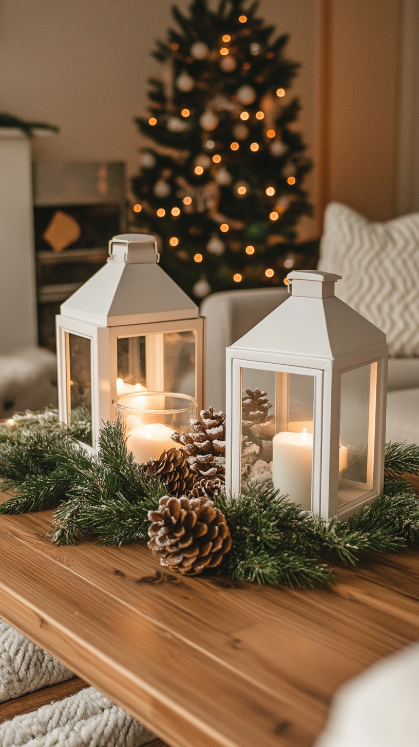 A coffee table decorated with white lanterns, pine cones, and lush greenery, creating a cozy winter atmosphere enhanced by soft lighting.