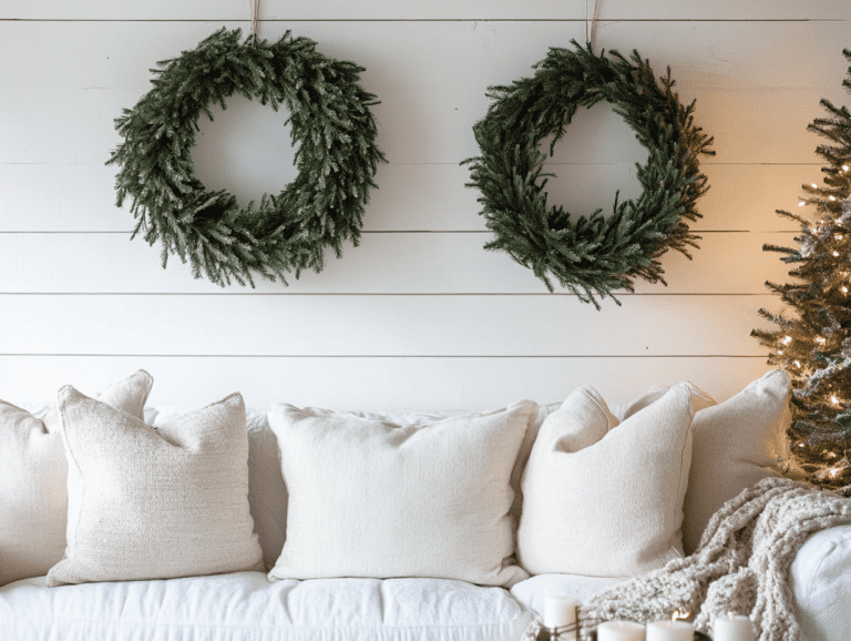 Cozy Christmas living room featuring a white shiplap wall with two decorative wreaths, a white sofa adorned with a green pine tree garland, and candles, presented in natural light with neutral colors and sharp details for aesthetic home decor photography.