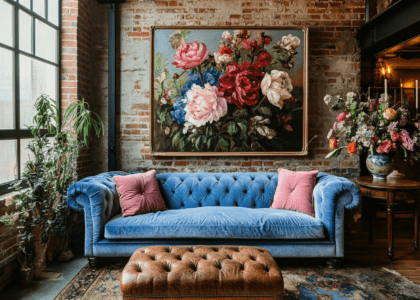 Cozy living area featuring a plush blue and pink velvet Chesterfield sofa, antique wooden ottoman, decorative coffee table, and rustic brick walls adorned with colorful hand-painted flowers, complemented by a large vintage floral wall painting.