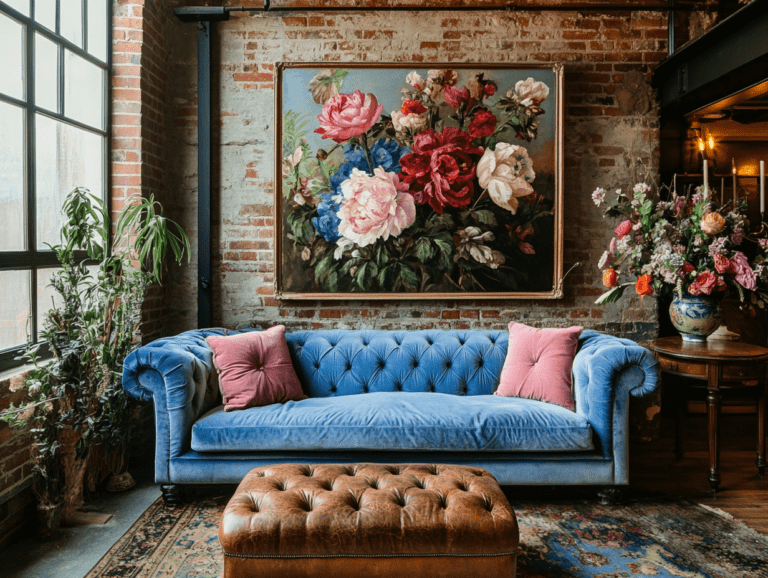 Cozy living area featuring a plush blue and pink velvet Chesterfield sofa, antique wooden ottoman, decorative coffee table, and rustic brick walls adorned with colorful hand-painted flowers, complemented by a large vintage floral wall painting.