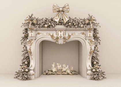 Elegant white fireplace adorned with a luxurious Christmas garland in gold and silver, featuring large bows and decorative accents, complemented by greenery and lights inside the fireplace, creating a sophisticated home decor scene against a light beige background.