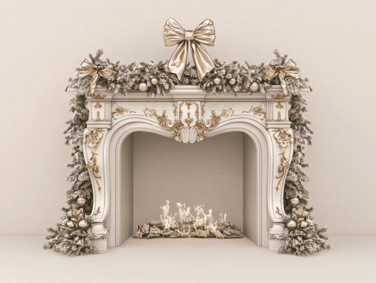 Elegant white fireplace adorned with a luxurious Christmas garland in gold and silver, featuring large bows and decorative accents, complemented by greenery and lights inside the fireplace, creating a sophisticated home decor scene against a light beige background.