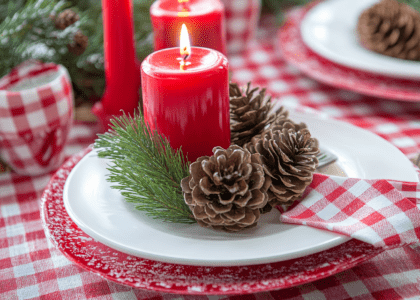 "Festive Christmas table setting featuring red candles, decorative pine cones, and gingham napkins on a checkered red and white plaid tablecloth."