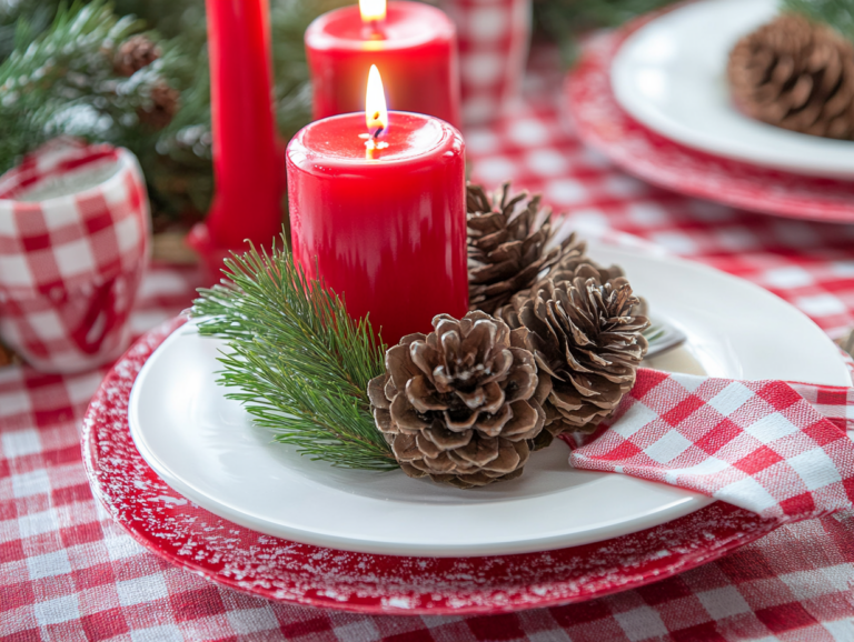 "Festive Christmas table setting featuring red candles, decorative pine cones, and gingham napkins on a checkered red and white plaid tablecloth."