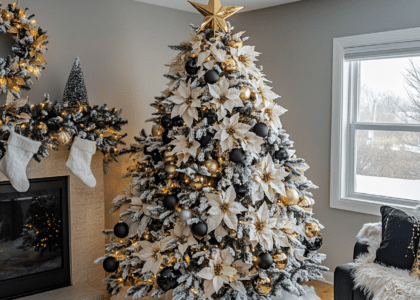 Frosted Christmas tree adorned with black, white, and gold ornaments, poinsettias, fur garland, and a star topper, showcasing elegant holiday decor in a cozy home setting.