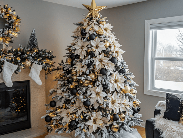 Frosted Christmas tree adorned with black, white, and gold ornaments, poinsettias, fur garland, and a star topper, showcasing elegant holiday decor in a cozy home setting.