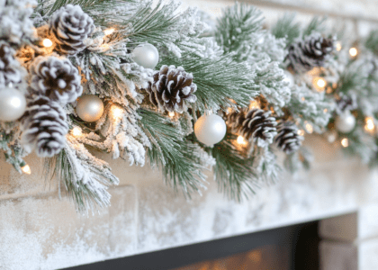 Frosted pine garland adorned with white berries and pine cones, elegantly hung above a fireplace, creating a warm Christmas ambiance with soft backlighting.