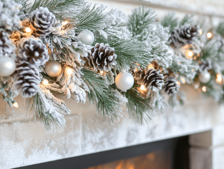 Frosted pine garland adorned with white berries and pine cones, elegantly hung above a fireplace, creating a warm Christmas ambiance with soft backlighting.