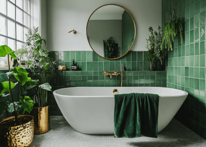 "Modern bathroom with white and green wall tiles, large round mirror above a stylish bathtub, light grey ceramic floor tiles, natural light from a window, numerous plants in a golden vase, and a green velvet towel hanging from gold bronze rings, showcasing a green monochromatic color scheme."