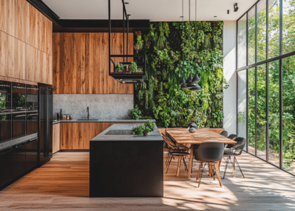 Modern open concept kitchen with black island and white cabinets, featuring a dining table in front, surrounded by large glass windows showing lush greenery outside. A striking living wall of vibrant green plants hangs from the ceiling, creating an inviting oasis filled with natural light and a sense of tranquility. Hyper realistic photography showcases clean lines and soft shadows in a beautifully designed space.