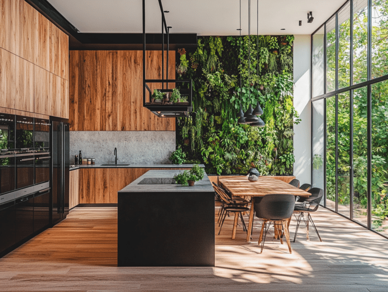 Modern open concept kitchen with black island and white cabinets, featuring a dining table in front, surrounded by large glass windows showing lush greenery outside. A striking living wall of vibrant green plants hangs from the ceiling, creating an inviting oasis filled with natural light and a sense of tranquility. Hyper realistic photography showcases clean lines and soft shadows in a beautifully designed space.