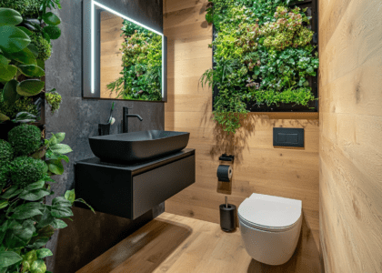 "Modern small bathroom featuring a wood-paneled wall, black sink, white toilet, mirror above the vanity, vertical garden, and wooden floor, enhanced with plants and greenery."