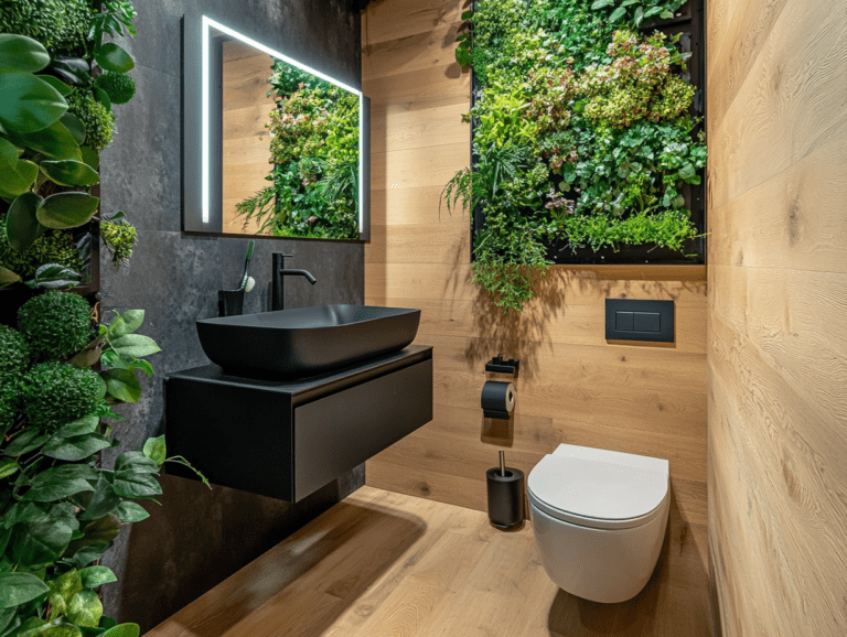 "Modern small bathroom featuring a wood-paneled wall, black sink, white toilet, mirror above the vanity, vertical garden, and wooden floor, enhanced with plants and greenery."