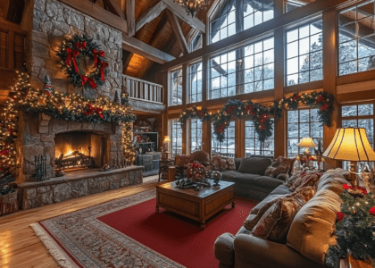 Rustic Christmas-themed living room in an old log cabin featuring a stone fireplace, large windows, and wooden beams, adorned with festive wreaths, garlands, and lights, creating a cozy atmosphere with warm lighting, plush carpeting, and comfortable sofas for a welcoming holiday ambiance.