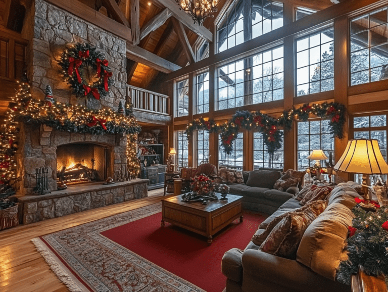 Rustic Christmas-themed living room in an old log cabin featuring a stone fireplace, large windows, and wooden beams, adorned with festive wreaths, garlands, and lights, creating a cozy atmosphere with warm lighting, plush carpeting, and comfortable sofas for a welcoming holiday ambiance.