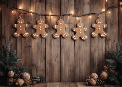 Rustic wooden wall decorated with cute gingerbread man ornaments and a gingerbread garland featuring string lights, perfect for holiday decor.