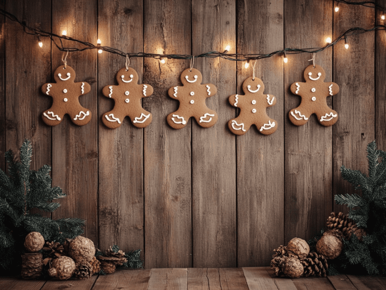 Rustic wooden wall decorated with cute gingerbread man ornaments and a gingerbread garland featuring string lights, perfect for holiday decor.