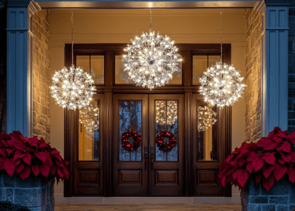 "Three large glass snowflake chandeliers with crystal balls filled with white LED lights hang over elegant dark wood double front doors, accented with festive poinsettias."