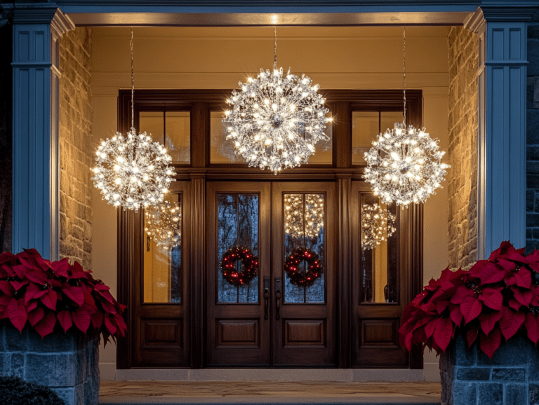 "Three large glass snowflake chandeliers with crystal balls filled with white LED lights hang over elegant dark wood double front doors, accented with festive poinsettias."